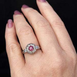 VINTAGE c1930 RUBY & DIAMOND HALO RING 18ct GOLD