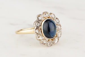 ANTIQUE EDWARDIAN CABOCHON SAPPHIRE & DIAMOND HALO RING 18ct GOLD