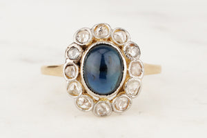 ANTIQUE EDWARDIAN CABOCHON SAPPHIRE & DIAMOND HALO RING 18ct GOLD