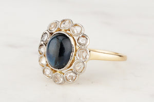 ANTIQUE EDWARDIAN CABOCHON SAPPHIRE & DIAMOND HALO RING 18ct GOLD