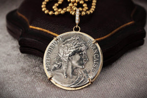 SILVER FRENCH MARITIME MEDAL PENDANT DIAMOND & 9ct GOLD