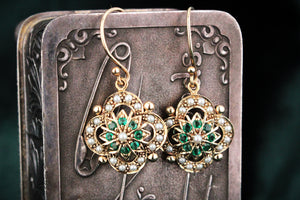 ANTIQUE EDWARDIAN EMERALD & SEED PEARL EARRINGS 9ct GOLD