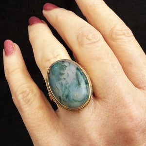 VINTAGE MID-CENTURY MOSS AGATE COCKTAIL RING 9ct GOLD