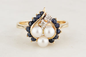 RETRO SAPPHIRE, DIAMOND & PEARL RING IN 14ct GOLD
