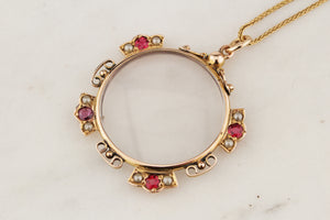 ANTIQUE EDWARDIAN RUBY & SEED PEARL GLASS LOCKET IN 9ct GOLD