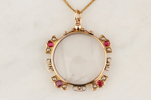 ANTIQUE EDWARDIAN RUBY & SEED PEARL GLASS LOCKET IN 9ct GOLD