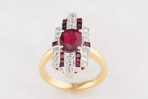 ART DECO PIGEON BLOOD RUBY & DIAMOND RING 18ct GOLD