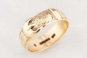 ANTIQUE EDWARDIAN 1902 FLORAL ETCHED BUCKLE RING 9ct GOLD