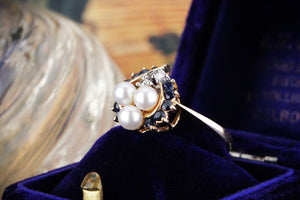 RETRO SAPPHIRE, DIAMOND & PEARL RING IN 14ct GOLD