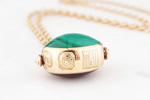 VINTAGE DOUBLE-SIDED CARNELIAN & MALACHITE FOB SPINNER 9ct GOLD