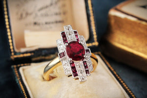 ART DECO PIGEON BLOOD RUBY & DIAMOND RING 18ct GOLD