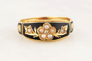 EDWARDIAN 1904 DIAMOND & SEED PEARL MOURNING RING 15ct GOLD