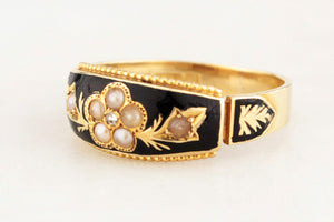 EDWARDIAN 1904 DIAMOND & SEED PEARL MOURNING RING 15ct GOLD