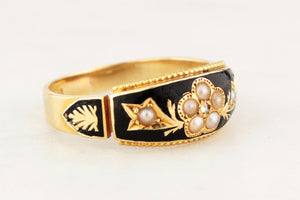 EDWARDIAN 1904 DIAMOND & SEED PEARL MOURNING RING 15ct GOLD