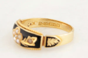 EDWARDIAN 1904 DIAMOND & SEED PEARL MOURNING RING 15ct GOLD