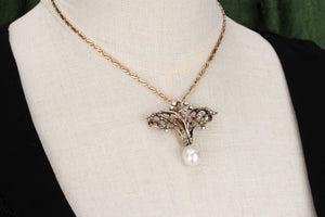 VICTORIAN c1880 DIAMOND & PEARL BROOCH/PENDANT 9ct ROSE GOLD & SILVER