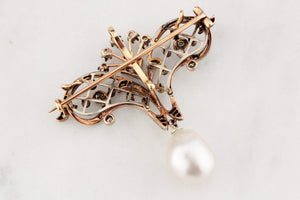 VICTORIAN c1880 DIAMOND & PEARL BROOCH/PENDANT 9ct ROSE GOLD & SILVER