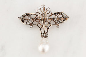 VICTORIAN c1880 DIAMOND & PEARL BROOCH/PENDANT 9ct ROSE GOLD & SILVER