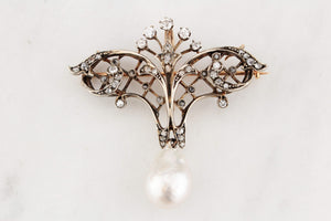 VICTORIAN c1880 DIAMOND & PEARL BROOCH/PENDANT 9ct ROSE GOLD & SILVER