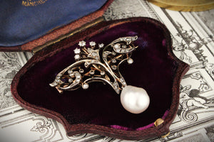 VICTORIAN c1880 DIAMOND & PEARL BROOCH/PENDANT 9ct ROSE GOLD & SILVER