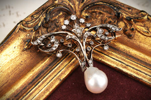 VICTORIAN c1880 DIAMOND & PEARL BROOCH/PENDANT 9ct ROSE GOLD & SILVER