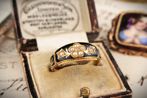 EDWARDIAN 1904 DIAMOND & SEED PEARL MOURNING RING 15ct GOLD