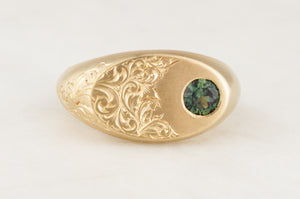 CUSTOM PARTI SAPPHIRE ETCHED SIGNET RING 9ct GOLD