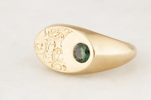 CUSTOM PARTI SAPPHIRE ETCHED SIGNET RING 9ct GOLD