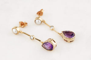 ANTIQUE EDWARDIAN PEARL, AMETHYST & SPINEL EARRINGS 9CT GOLD