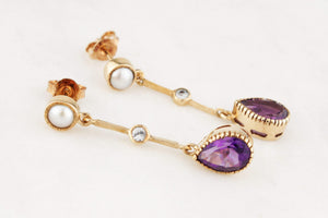 ANTIQUE EDWARDIAN PEARL, AMETHYST & SPINEL EARRINGS 9CT GOLD