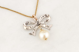 ANTIQUE EDWARDIAN DIAMOND & PEARL BOW PENDANT 18ct GOLD