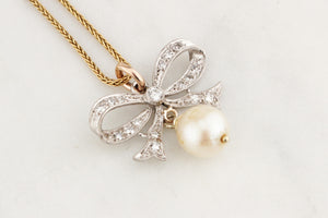 ANTIQUE EDWARDIAN DIAMOND & PEARL BOW PENDANT 18ct GOLD