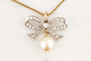 ANTIQUE EDWARDIAN DIAMOND & PEARL BOW PENDANT 18ct GOLD