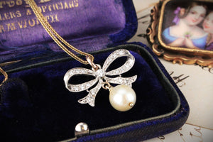 ANTIQUE EDWARDIAN DIAMOND & PEARL BOW PENDANT 18ct GOLD