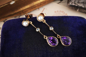 ANTIQUE EDWARDIAN PEARL, AMETHYST & SPINEL EARRINGS 9CT GOLD