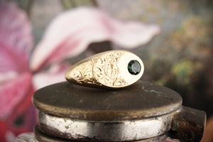 CUSTOM PARTI SAPPHIRE ETCHED SIGNET RING 9ct GOLD