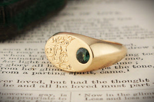 CUSTOM PARTI SAPPHIRE ETCHED SIGNET RING 9ct GOLD