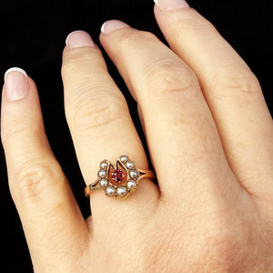 ANTIQUE EDWARDIAN RUBY & SEED PEARL RING 9ct GOLD