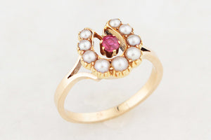 ANTIQUE EDWARDIAN RUBY & SEED PEARL RING 9ct GOLD