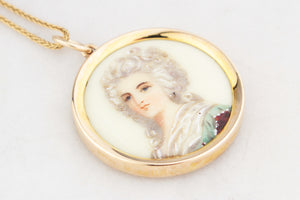 ANTIQUE VICTORIAN ROCOCO REVIVAL PORCELAIN PORTRAIT PENDANT 9ct GOLD