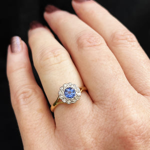 ANTIQUE EDWARDIAN CEYLON SAPPHIRE & DIAMOND DAISY RING 18ct GOLD