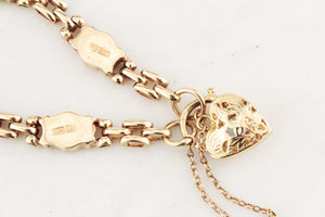 ANTIQUE EDWARDIAN ETCHED LINK BRACELET WITH FILIGREE TOPAZ HEART 9ct GOLD