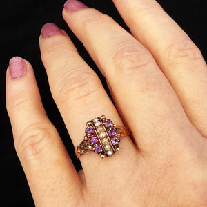 ANTIQUE EDWARDIAN AMETHYST & SEED PEARL RING 9ct GOLD