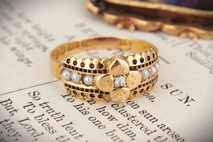 VICTORIAN 1889 DIAMOND & SEED PEARL RING 15ct GOLD