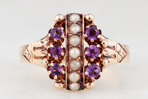 ANTIQUE EDWARDIAN AMETHYST & SEED PEARL RING 9ct GOLD
