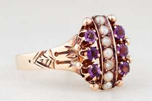 ANTIQUE EDWARDIAN AMETHYST & SEED PEARL RING 9ct GOLD