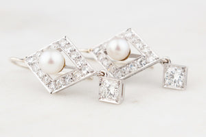 VINTAGE 1.30ct DIAMOND & PEARL EARRINGS 18ct GOLD