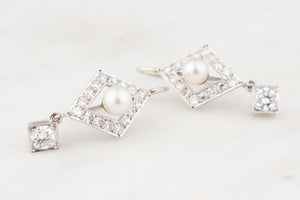 VINTAGE 1.30ct DIAMOND & PEARL EARRINGS 18ct GOLD