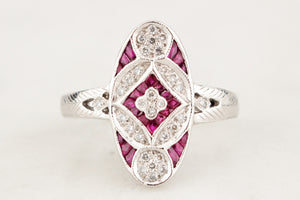 LATE ART DECO c1940 DIAMOND & RUBY RING 18CT WHITE GOLD