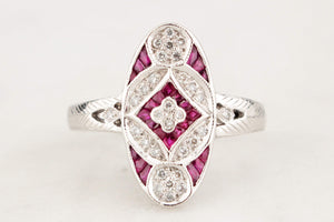 LATE ART DECO c1940 DIAMOND & RUBY RING 18CT WHITE GOLD